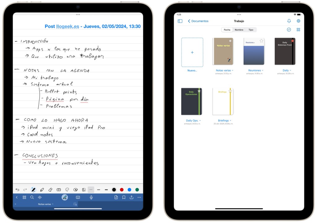 Capturas de pantalla de Goodnotes y notas de ejemplo.